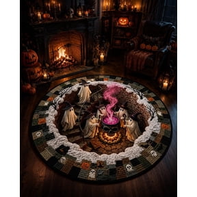 3D Haunted Staircase Round Rug – Spooky Halloween Optical Illusion Area | Ghost Vortex Quilted Floor Mat Soft Crystal Velvet Nonslip Backing for Bedroom Living Room Entryway Haunted House Party Decor