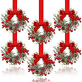 6-Pack Mini Christmas Wreaths for Kitchen Cabinets with Red Ribbon Bows and Berries, Small Artificial Farmhouse Christmas Hanging Wreath for Windows, Doors, Chairs, Holiday Home Decor
