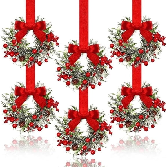 6-Pack Mini Christmas Wreaths for Kitchen Cabinets with Red Ribbon Bows and Berries, Small Artificial Farmhouse Christmas Hanging Wreath for Windows, Doors, Chairs, Holiday Home Decor