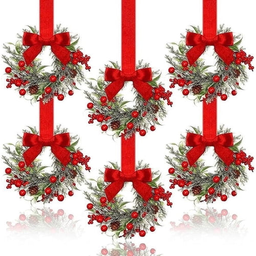 6-Pack Mini Christmas Wreaths for Kitchen Cabinets with Red Ribbon Bows and Berries, Small Artificial Farmhouse Christmas Hanging Wreath for Windows, Doors, Chairs, Holiday Home Decor