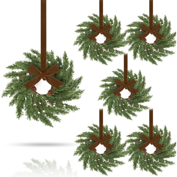 6 Pcs 9'' Mini Christmas Hanging Wreaths with Khaki Velvet Ribbon Artificial Pine Cones Small Candle Ring Wreaths Pillar Wreath for Kitchen Cabinet Farmhouse Front Door Window Wall Xmas Holiday Decor