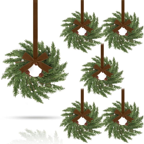 6 Pcs 9'' Mini Christmas Hanging Wreaths with Khaki Velvet Ribbon Artificial Pine Cones Small Candle Ring Wreaths Pillar Wreath for Kitchen Cabinet Farmhouse Front Door Window Wall Xmas Holiday Decor