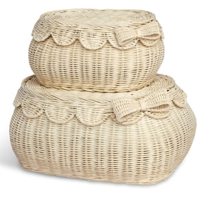 The Original Scalloped Bow Basket with Lid – Set of 2 (15 x 11 x 6 in) – Handwoven Rattan Scalloped Wicker Basket with Lid, Woven Baskets for Storage (Bow)