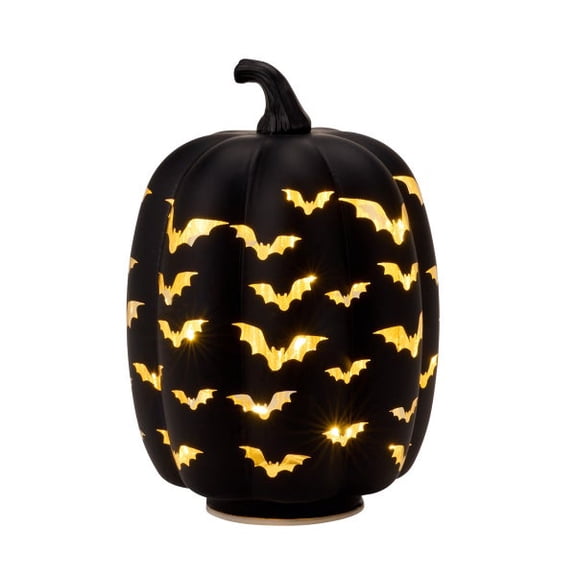Black Glass LED Bat Cutout Pumpkin Decor,7.7 Inch Halloween Lighted Pumpkin Centerpiece with Bat Cutouts, Battery Powered LED Spooky Jack O Lantern Tabletop Accent for Fireplace Mantel Decor