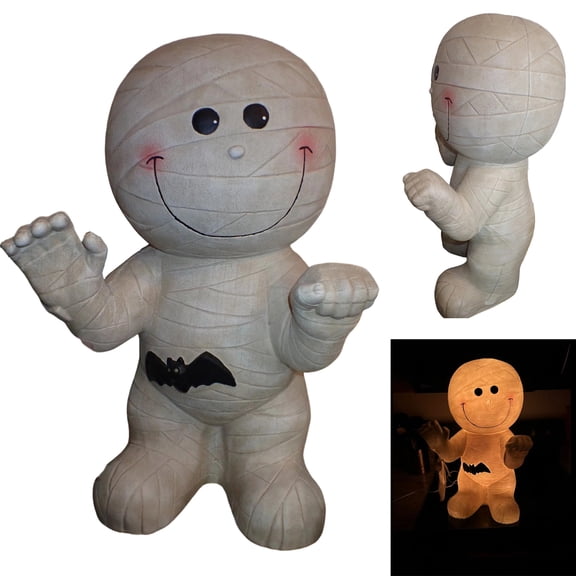 Cute Halloween Light-Up Mummy Blow Mold Decoration, Happy Smiling Mummy Statue with Black Bat, Corded Electric Glowing Tabletop Night Light Figurine for Indoor Holiday Porch Decor