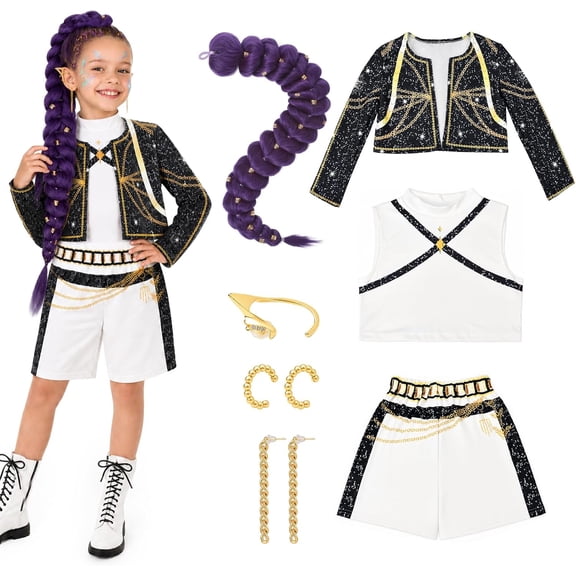 G'irls Halloween Pop Star Costume Set - Halloween Dress Up Outfit with Jacket, Top, Shorts, Purple Braid & Jewelry Accessories for Cosplay Stage Performance Suit for Carnival & Party Events