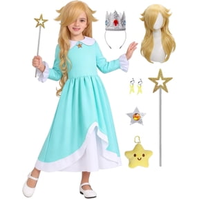 G*irls Halloween Princess Dress with Accessories, Blue Princess Dress with Wig Wand Crown Earrings and Star Earrings