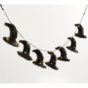 Halloween Pre-Lit Witch Hat String Lights Garland, ,Lighted Hanging Halloween Garland Black Twig Hanging Banner with Warm White LED Lights for Indoor Mantle, Porch, and Party Decorwith