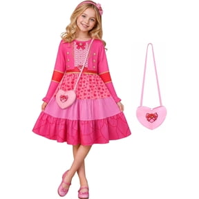 Halloween Princess Costume for G'irl's, Pink Princess Dress with Heart Bag, Halloween Cosplay Party Outfit & Fancy Dress Up