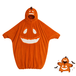 Halloween Pumpkin Costume, Halloween Pumpkin Hooded Blanket, Soft Plush Wearable Jack-O’-Lantern Blanket Cosplay Costume, Orange Pumpkin Sleep Sack Poncho for Adults Onesie Sleepwear