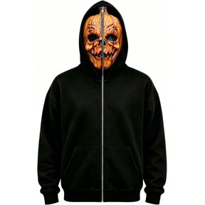 Halloween Pumpkin Full Zip Up Hoodie, Scary Jack O Lantern Face Mask Hooded Sweatshirt, Creepy Horror Costume Jacket for Men Women