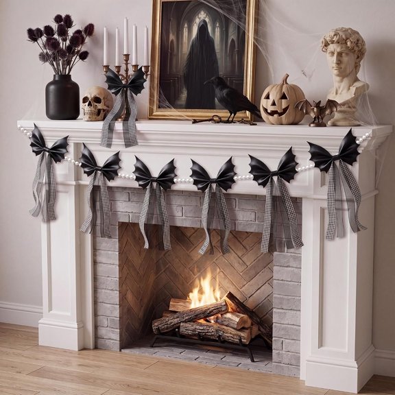 Halloween Spooky Gothic Black Bat Bow Garland, 6.5 Ft Pre-Strung PU Leather Banner Decor with 4 Extra DIY Bows for Fireplace Mantel Wall Home Decor
