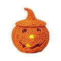 Handwoven Wicker Pumpkin Jack-O'-Lantern with Detachable Witch Hat Lid, Halloween Pumpkin Decoration with LED Candle, Rustic Rattan Fall Autumn Harvest Tabletop Decor for Home Porch, 6.9Inch, Orange