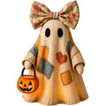 Light Up Halloween Ghost Figurine with Patchwork Design, Cute Ghost Statue Holding Jack-O'-Lantern Pumpkin with Floral Bow Tabletop Decor, Fall Pumpkin Lantern Display for Home Office Party