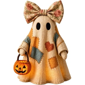Light Up Halloween Ghost Figurine with Patchwork Design, Cute Ghost Statue Holding Jack-O'-Lantern Pumpkin with Floral Bow Tabletop Decor, Fall Pumpkin Lantern Display for Home Office Party