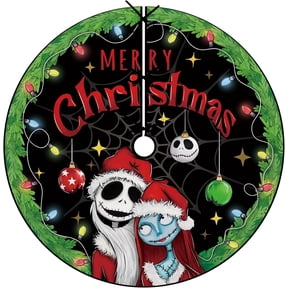 Merry Christmas Nightmare BEFore Xmas Tree Skirt 36 Inches Lace-up Jack and Sally Artificial Black Green Tree Skirt, Funny Holiday Party Indoor Decoration Home Decor