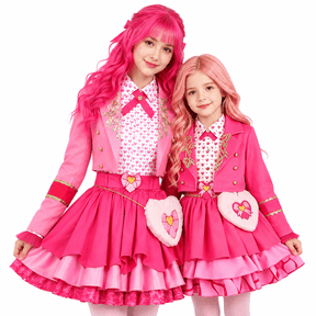 Pink Princess Costume Set for Ki'ds & Adults - Matching Pink Cosplay Costume Set with Blazer, Printed Shirt, Tiered Skirt & Heart Bag - Halloween Cosplay Dress Up Outfit for Parent & Little One