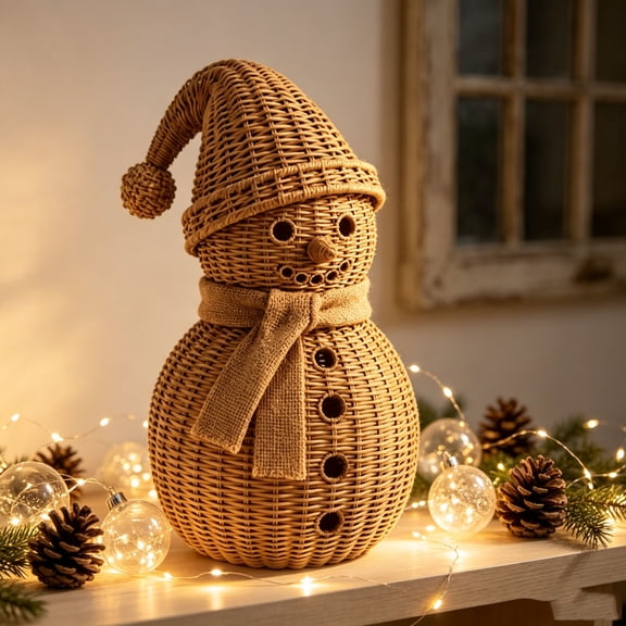 Rattan Woven Snowman Figurine with Santa Hat and Burlap Scarf, Christmas Snowman Decor, Farmhouse Tabletop Ornament, Rustic Winter Mantel Shelf Decoration, Natural Wicker Christmas Home Holiday Decor