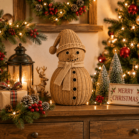 Satmonnus 12 Inch Rattan Woven Snowman Christmas Figurine, Natural Wicker Tabletop Snowman Decor with Burlap Scarf for Cozy Boho Farmhouse Holiday Accent，Rustic Winter Mantel Shelf Decorations