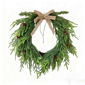 Satmonnus 15.75-Inch Artificial Norfolk Pine Christmas Wreath, Faux Cedar Greenery Wreath with Burlap Bow and Pinecones for Front Door, Winter Holiday Home Wall Window Decor