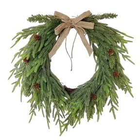 Satmonnus 15.7in Artificial Christmas Norfolk Pine Wreath with Burlap Bow and Pinecones, Rustic Farmhouse Winter Holiday Wreath for Front Door, Window, Wall Indoor Outdoor Xmas Decor