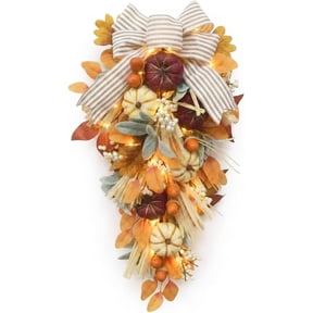 Satmonnus 24 inch Fall Pumpkin Teardrop Swag Autumn Harvest Door Hanger with Striped Bow, Mini Pumpkins, Eucalyptus, Raffia & Berry Sprays for Front Door, Mantel Thanksgiving Table Centerpiece