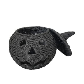 Satmonnus Black Halloween Woven Pumpkin Basket with Witch Hat Lid, Handcrafted Rattan Jack-O-Lantern Candy Bowl for Halloween Tabletop Decor, 1 Pack
