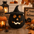 Satmonnus Black Woven Pumpkin Basket with Witch Hat Lid, 10.2" Handcrafted Rattan Jack-O'-Lantern Candy Bowl, Spooky Halloween Trick or Treat Bucket & Tabletop Lantern Decor