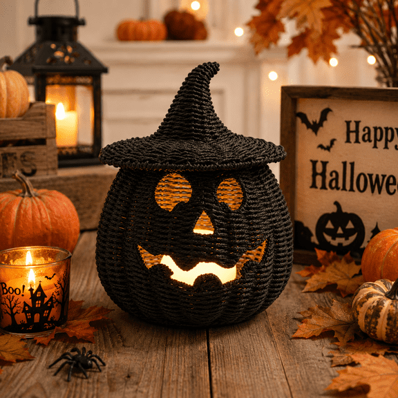 Satmonnus Black Woven Pumpkin Basket with Witch Hat Lid, 10.2" Handcrafted Rattan Jack-O'-Lantern Candy Bowl, Spooky Halloween Trick or Treat Bucket & Tabletop Lantern Decor