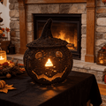 Satmonnus Black Woven Pumpkin Basket with Witch Hat Lid, 10-Inch Handwoven Light Up Jack-O'-Lantern Candy Bowl, Gothic Halloween Pumpkin Basket Tabletop Decoration & Trick-or-Treat Storage Bucket