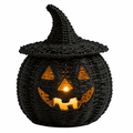 Satmonnus Black Woven Pumpkin Lantern with Witch Hat, 11" Halloween Jack-O'-Lantern with Flamless LED Candle, Light-Up Rattan Pumpkin Basket Tabletop Decor for Home Holiday Party