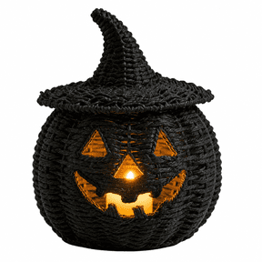 Satmonnus Black Woven Pumpkin Lantern with Witch Hat, 11" Halloween Jack-O'-Lantern with Flamless LED Candle, Light-Up Rattan Pumpkin Basket Tabletop Decor for Home Holiday Party