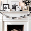 Satmonnus Fall Plush Pumpkin Garland with 3D Black and White Felt Pumpkins, Gingham, Stripes & Polka Dot Decorations, 8.2 ft Modern Farmhouse Banner for Mantel Halloween Party Home Wall Decoration