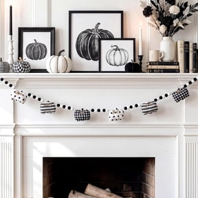 Satmonnus Fall Plush Pumpkin Garland with 3D Black and White Felt Pumpkins, Gingham, Stripes & Polka Dot Decorations, 8.2 ft Modern Farmhouse Banner for Mantel Halloween Party Home Wall Decoration