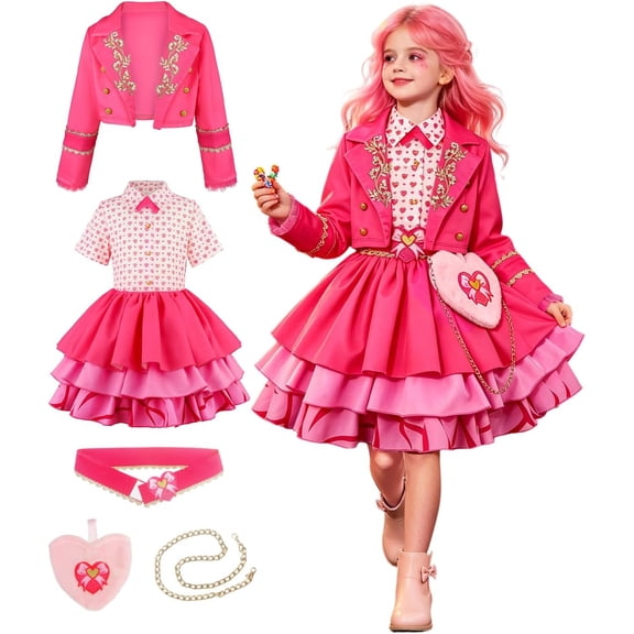 Satmonnus G'irls Pink Princess Dress Costumes, K'ids Pink Costume Contains Coat, Dress, Waist Belt, Heart Bag  & Chain for Cosplay, Halloween Christmas Birthday Cosplay Party