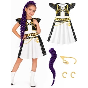 Satmonnus G'irls Pop Star Dress Up Costume 4 Pcs Set, K'ids Fantasy Royal Outfit with Purple Braid Wig, Gold Elf Ear Cuff Accessories for Stage Performance Halloween Christmas Birthday Cosplay Party