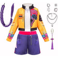 Satmonnus G'irls Pop Star Halloween Cosplay Costume Dress Up Set, K'ids Yellow Jacket Purple Shorts Outfit with Braided Hair, Jewelry Accessories for Christmas Birthday Party Stage Performance