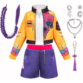 Satmonnus G'irls Pop Star Halloween Cosplay Costume Dress Up Set, K'ids Yellow Jacket Purple Shorts Outfit with Braided Hair, Jewelry Accessories for Christmas Birthday Party Stage Performance