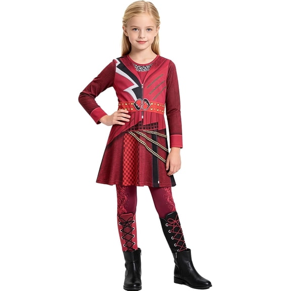 Satmonnus G'irls Red Princess Costume, Red Heart Warrior Costume Dress Set K*ids Rocker Cosplay Outfit with Leggings for Halloween Birthday Pretend Play