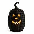 Satmonnus Halloween Black Woven Pumpkin Lantern Decorations, 11.8" Hand-Woven Rattan Jack-O-Lantern, Modern Gothic Pumpkin Candle Holder for Halloween Tabletop Mantel Party Decor