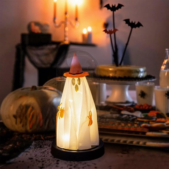 Satmonnus Halloween Ghost Night Light, Glass Cloche Table Lamp, Mini Ghost Figurine Dome with Warm White Lights, Spooky Halloween Decor for Bedroom Nightstand, Vintage Style Ambient Lighting