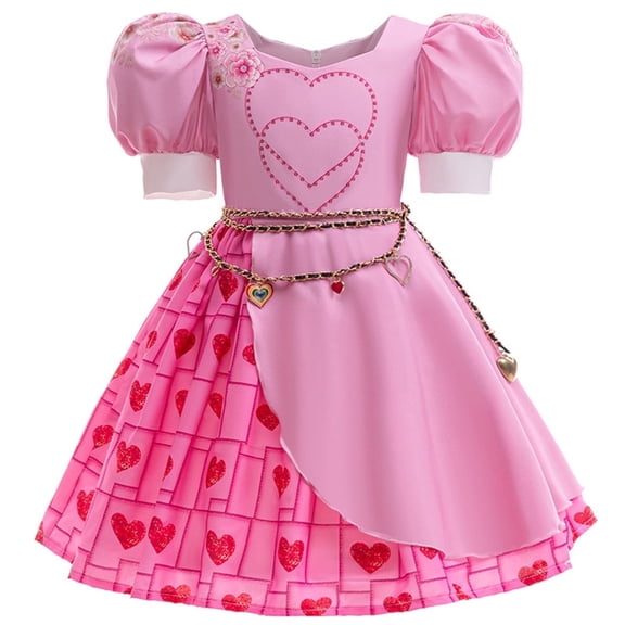 Satmonnus Halloween Princess Dress, Pink Heart Dress for G'*irls, Cute Puff Sleeve Princess Costume Skirt with Pink Wig for Birthday Party Everyday Wear,Family Cosplay Costumes Dress Up Party Dress
