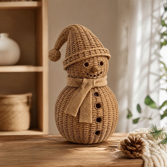 Satmonnus Handcrafted Rattan Woven Christmas Snowman Figure, Rustic Rattan Snowman for Indoor Outdoor Holiday Decorating, Home Kitchen Table Garden Centerpiece Mantel Shelf Decoration
