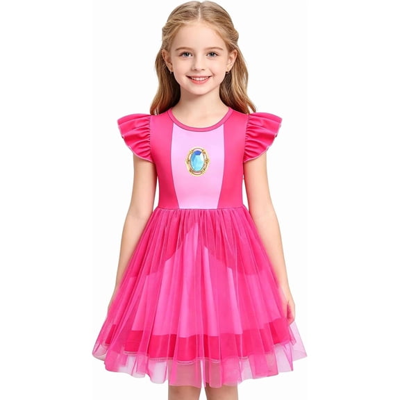 Satmonnus Pink Princess Dress for G*-irls, Flutter Sleeve Little One Cosplay Costume for Halloween Birthday Party, Tulle Gown Fits Age 3-12 Years