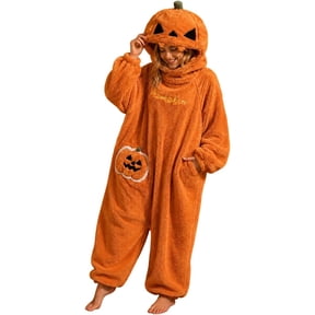 Satmonnus Pumpkin Halloween Costume One Piece Pajamas, Ultra-Soft Fuzzy Plush Hooded Onesie Loungewear with Pocket & Jack-O-Lantern Hood, Loose Fit Big Mouth Monster Homewear Sleepwear for Adults