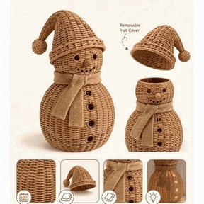 Satmonnus Rattan Woven Snowman Tabletop Figurine with Burlap Scarf, Natural Woven Christmas Holiday Tabletop Decor with Scarf for Mantel Centerpiece Entryway Farmhouse Home Accent