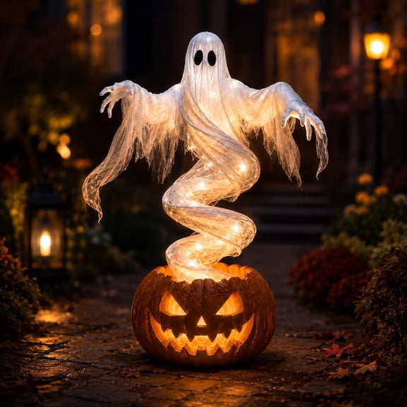 Satmonnus Swirling Ghost Pumpkin Yard Lamp, Spooky Halloween Outdoor Decoration, Lighted Garden Stake, Unique Halloween Fusion, Cute Holiday Decor,Light Up Outdoor Lawn Porch Yard Decoration