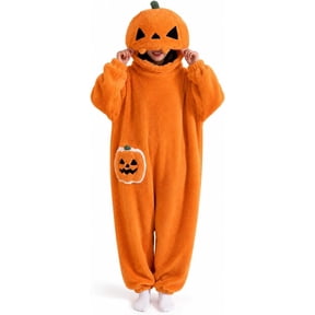 Satmonnus Unisex Adult Pumpkin Onesie Pajamas, Plush Jack-O-Lantern One-Piece Hooded Jumpsuit, Halloween Cosplay Costume Big Mouth Monster Sleepwear
