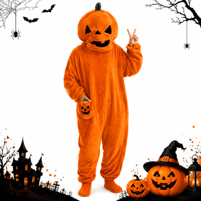 Unisex Adult Pumpkin Onesie Costume Pajamas, Jack-O'-Lantern Plush Fleece One Piece Jumpsuit Sleepwear with Hood and Pockets for Halloween Cosplay,Big Mouth Monster Homewear