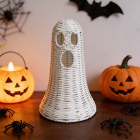 WEIH 12" White Wicker Ghost Halloween Decorations, Handmade White Wicker Ghost Figurine Halloween Rattan Spooky Tabletop Decor for Indoor Outdoor Porch Home Party